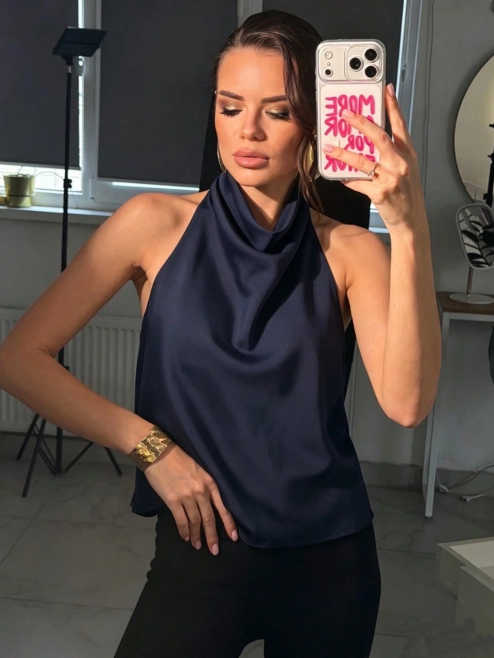 Navy Blue Satin Cowl Halter Draped Neck Low Back Blouse Top
